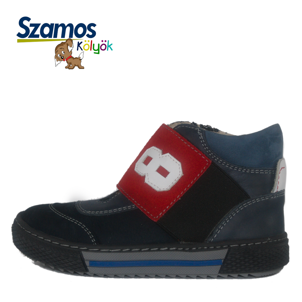 Szamos kid boy high-top shoes dark blue with wide red stretchy strap and side zipper little kid/big kid size