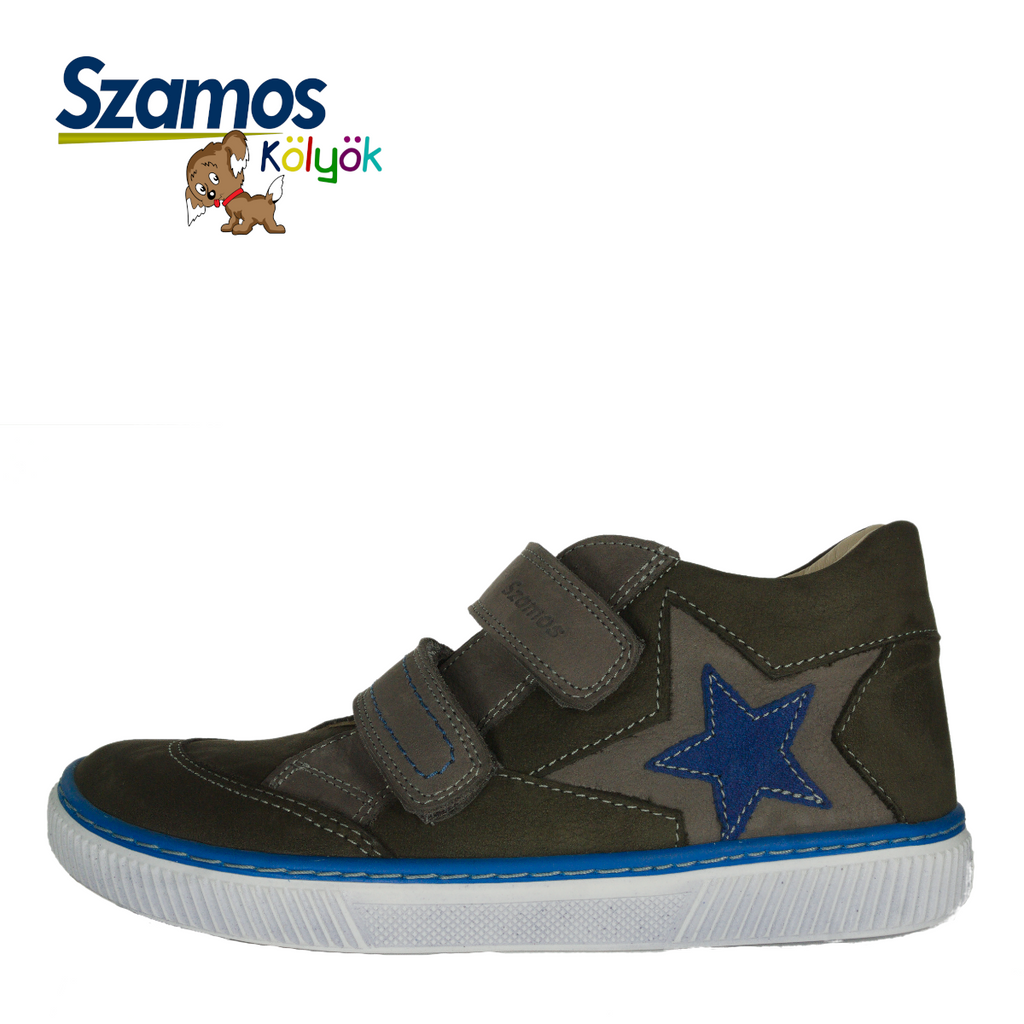 Szamos kid boy sneakers khaki with brown velcro straps and blue star decor big kid size