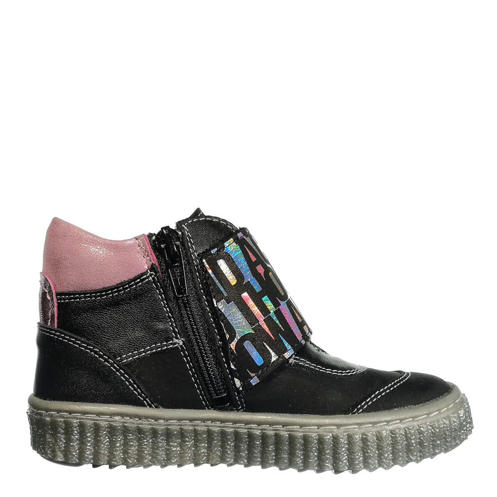 Szamos kid girl high-top shoes black with wide shiny graphic stretchy strap and side zipper little kid/big kid size - TinyShoes