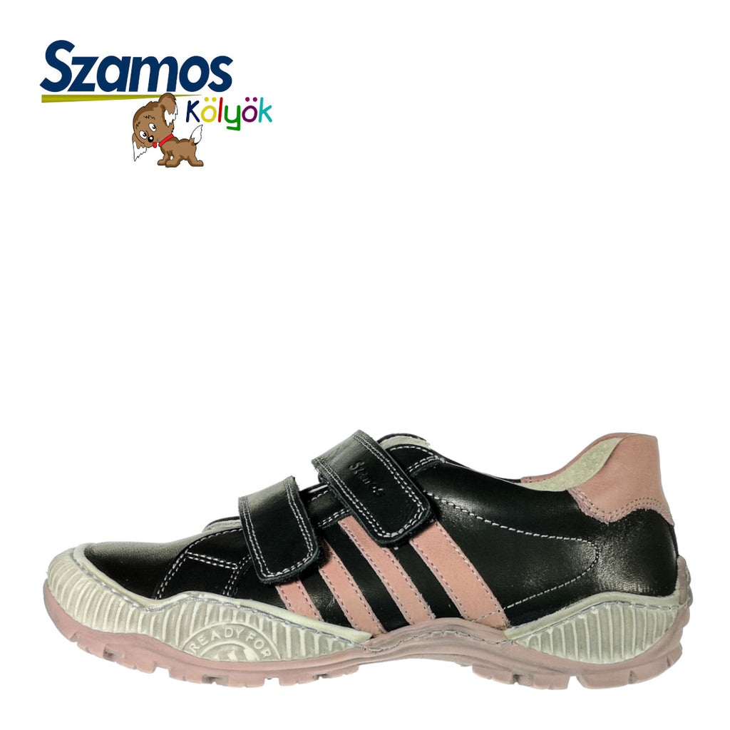 Premium quality sneakers made from 100% genuine leather lining and upper, black color with pink stripes and double velcro strap. This Szamos Kids product meets the highest expectations of healthy and comfortable kids shoes. The exceptional comfort these shoes provide assure the well-being and happiness of your child.