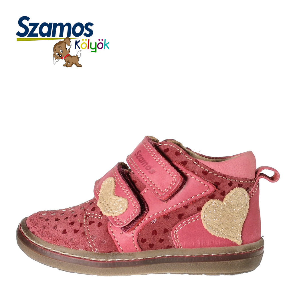 Premium quality sneakers made from 100% genuine leather lining and upper, red with beige heart decor and double velcro straps. This Szamos Kids product meets the highest expectations of healthy and comfortable kids shoes. The exceptional comfort these shoes provide assure the well-being and happiness of your child.