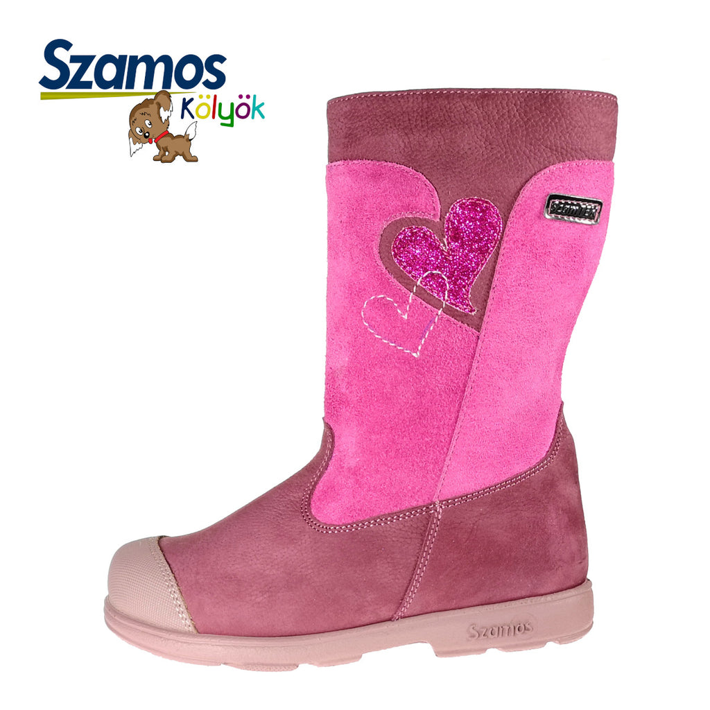 Premium quality supinated boots made from 100% genuine leather lining and upper, pink and mauve with hearts and side zipper with fleece inside. This Szamos Kids product meets the highest expectations of healthy and comfortable kids shoes. The exceptional comfort these shoes provide assure the well-being and happiness of your child.