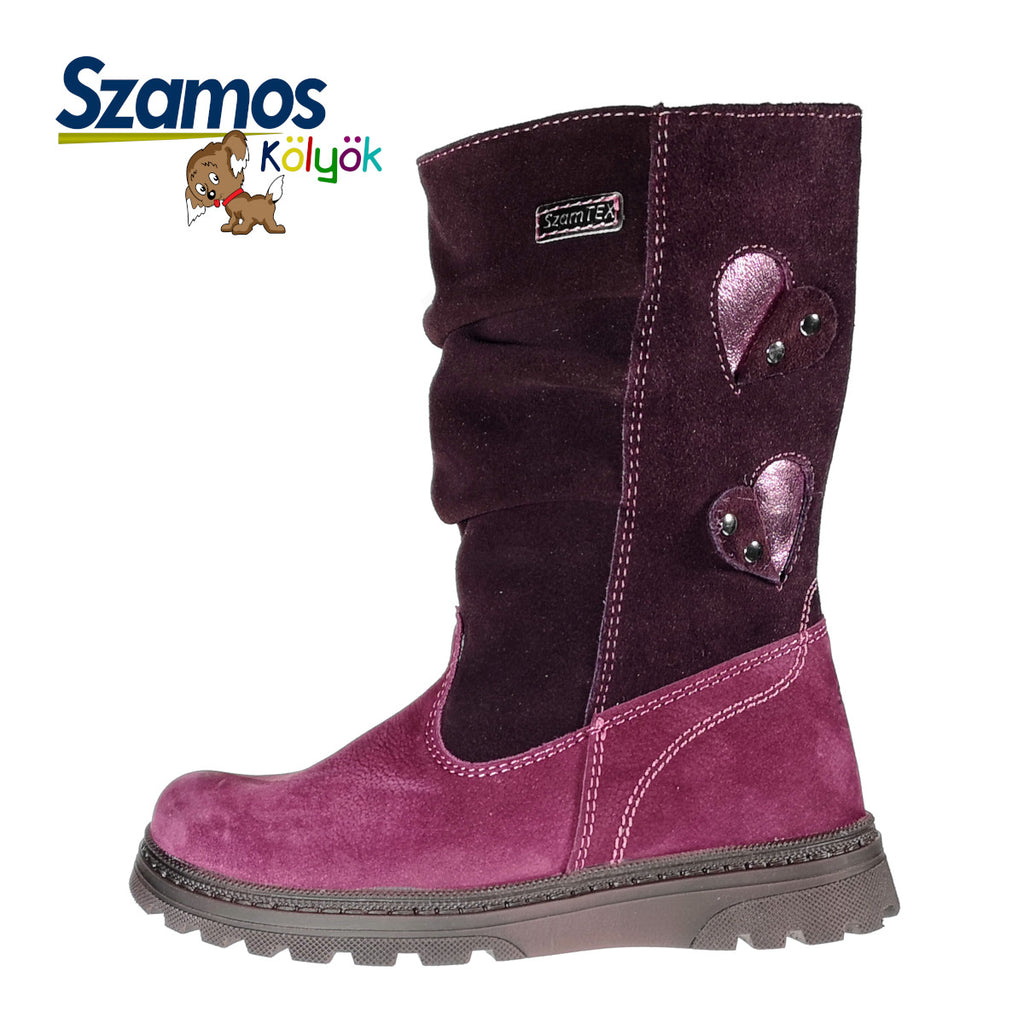 Premium quality winter boots made from 100% genuine leather lining and upper, burgundy and mauve with hearts and side zipper. This Szamos Kids product meets the highest expectations of healthy and comfortable kids shoes. The exceptional comfort these shoes provide assure the well-being and happiness of your child.