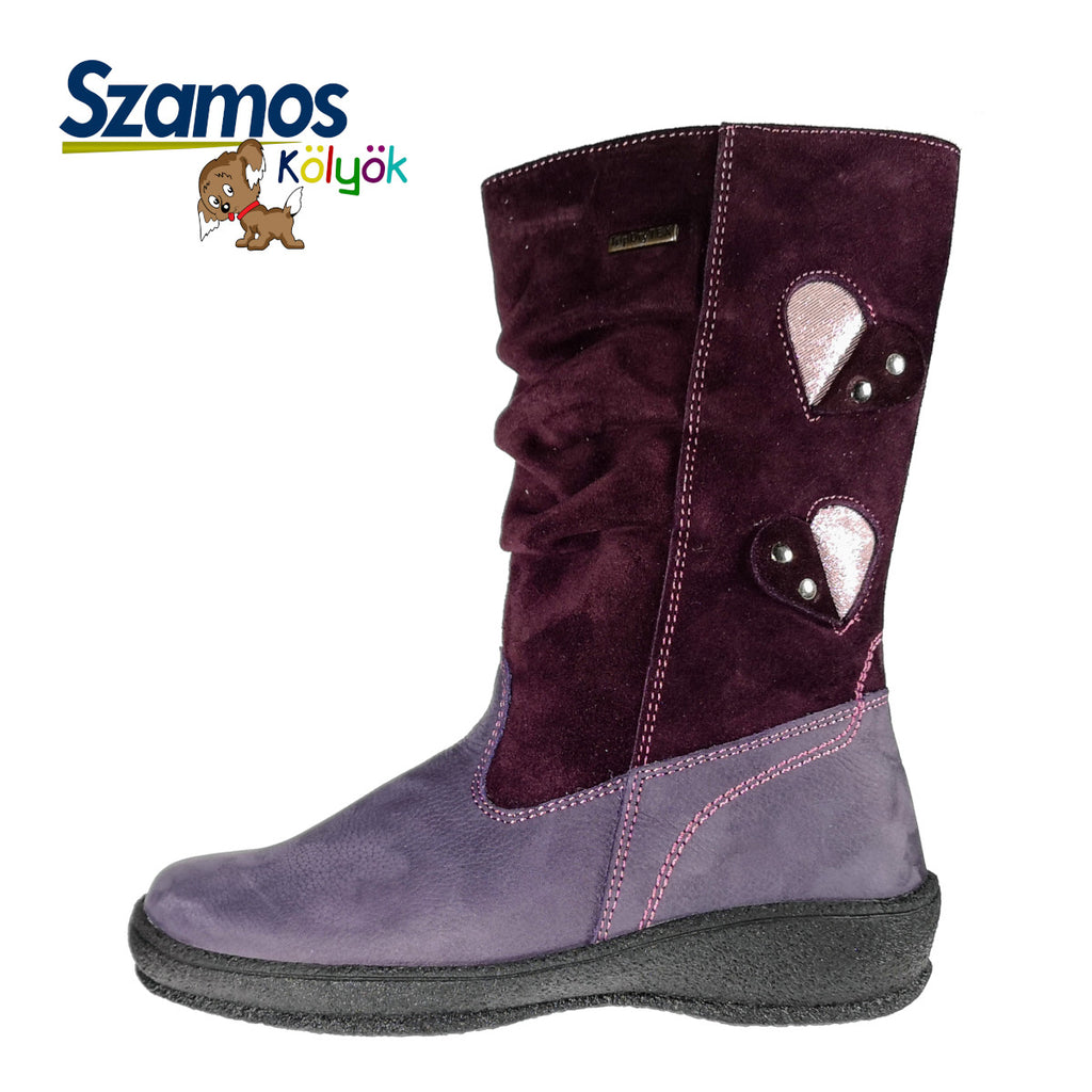 Premium quality winter boots made from 100% genuine leather lining and upper mauve and purple with hearts and side zipper. This Szamos Kids product meets the highest expectations of healthy and comfortable kids shoes. The exceptional comfort these shoes provide assure the well-being and happiness of your child.
