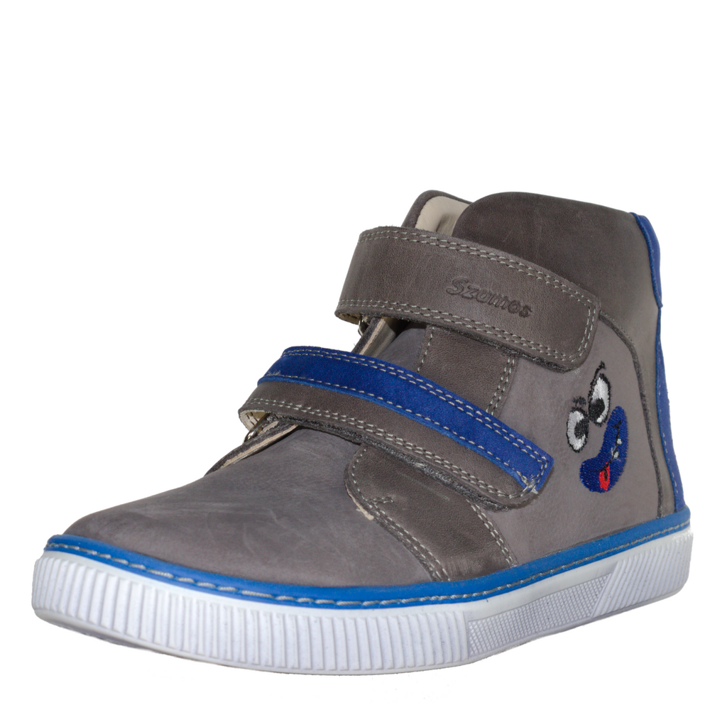 Szamos kid boy high-top shoes grey with blue monster face big kid size - TinyShoes