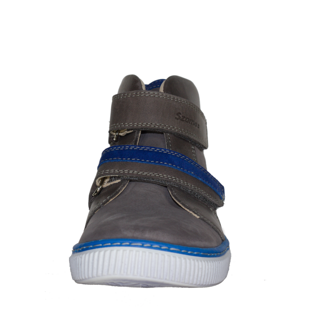 Szamos kid boy high-top shoes grey with blue monster face big kid size - TinyShoes