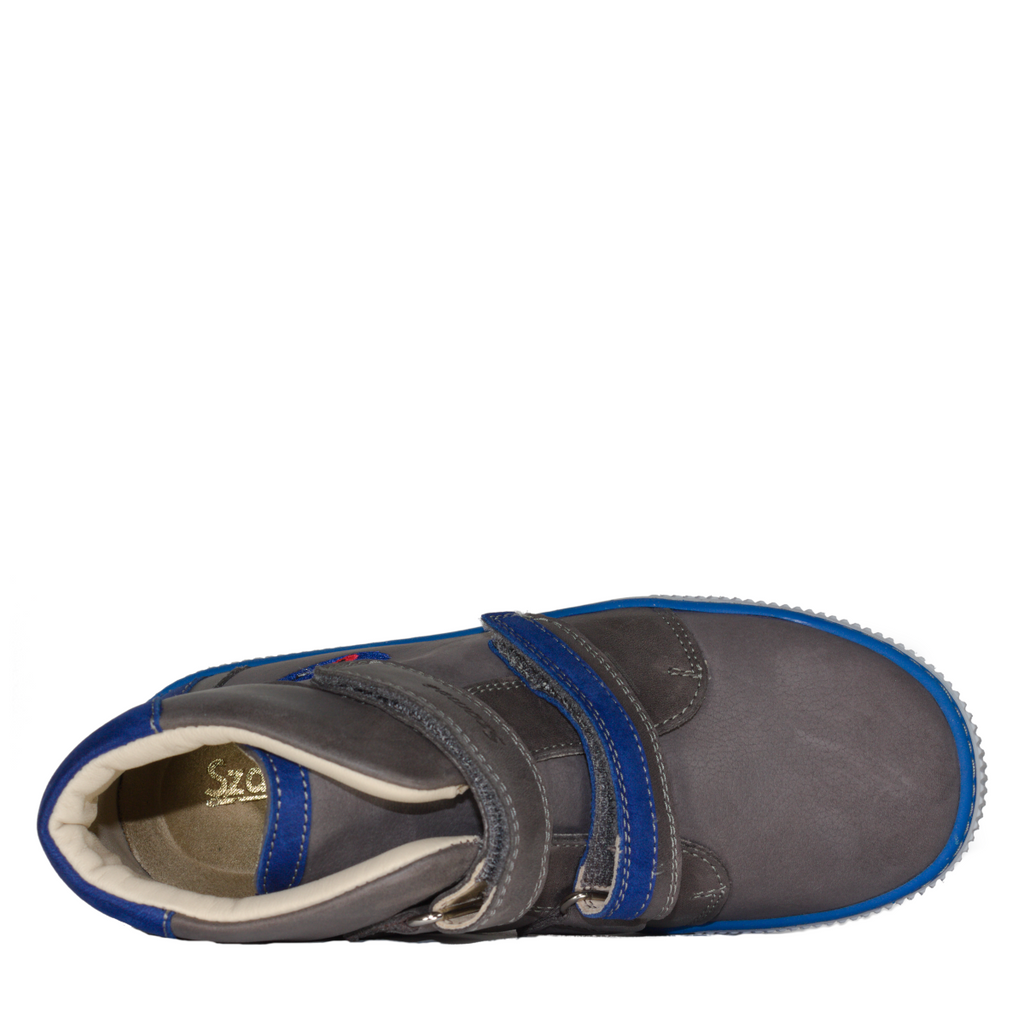 Szamos kid boy high-top shoes grey with blue monster face big kid size - TinyShoes