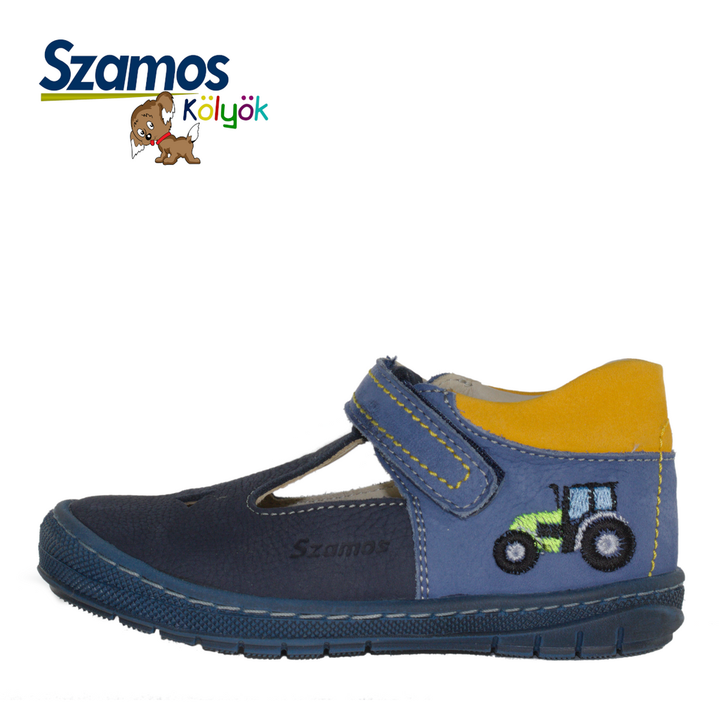 Szamos kid boy sandals in light and navy blue color and tractor pattern with velcro strap toddler size