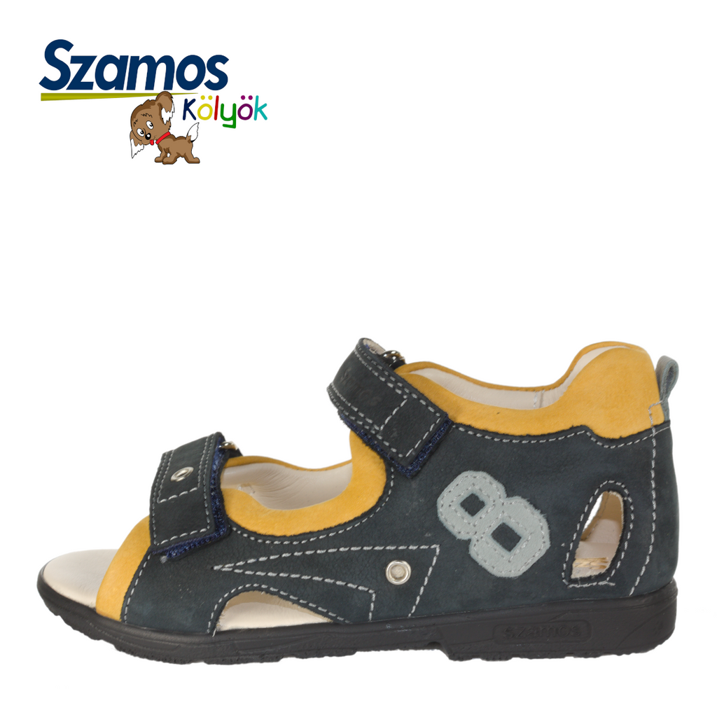 Szamos kid boy supinated sandals in black and yellow color and number pattern with double velcro strap toddler/little kid size - TinyShoes