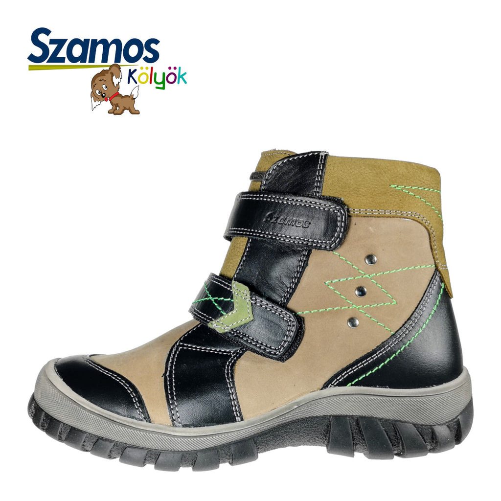 Premium quality boots made from 100% genuine leather lining and upper, khaki with black velcro straps and khaki details. This Szamos Kids product meets the highest expectations of healthy and comfortable kids shoes. The exceptional comfort these shoes provide assure the well-being and happiness of your child.