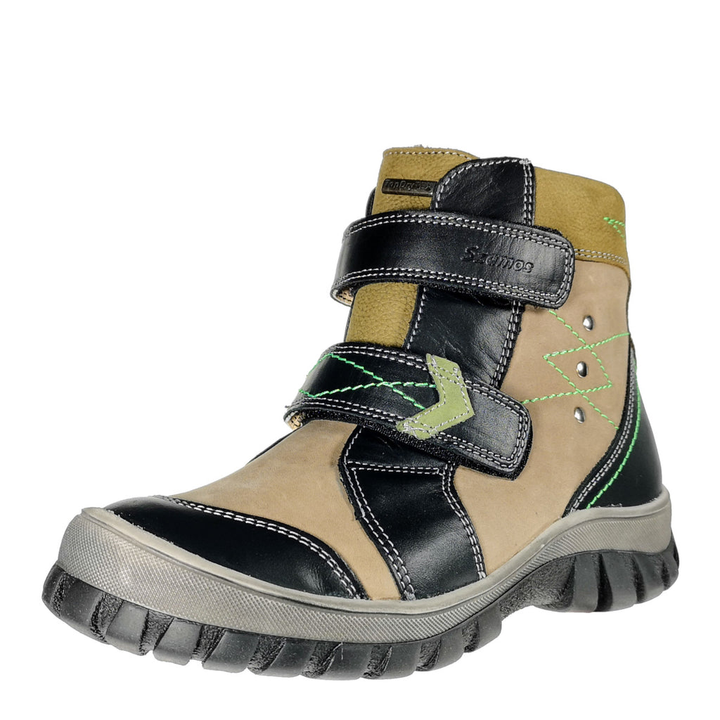 Szamos kid boy winter boots khaki with black velcro straps and khaki detail little kid/big kid size - TinyShoes