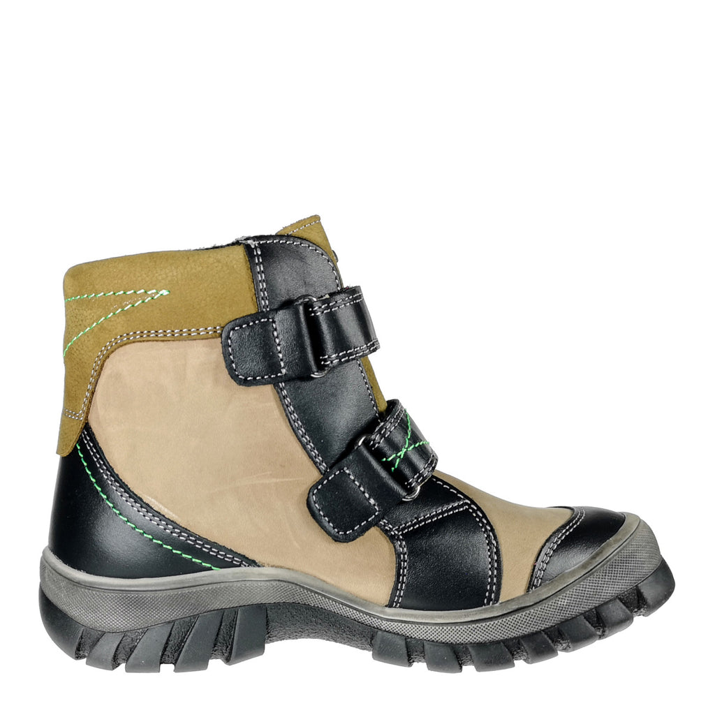 Szamos kid boy winter boots khaki with black velcro straps and khaki detail little kid/big kid size - TinyShoes