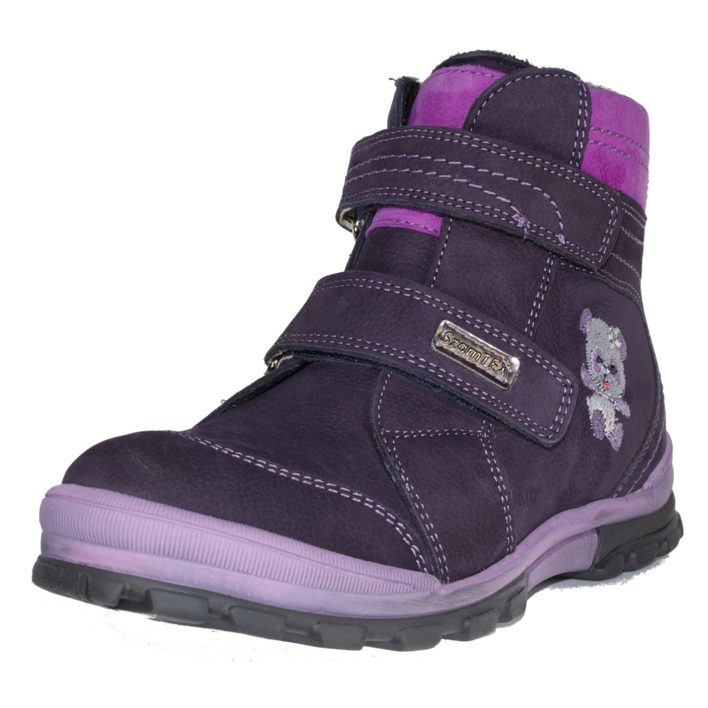 Szamos kid girl boots black and purple with grey bear pattern big kid size - TinyShoes