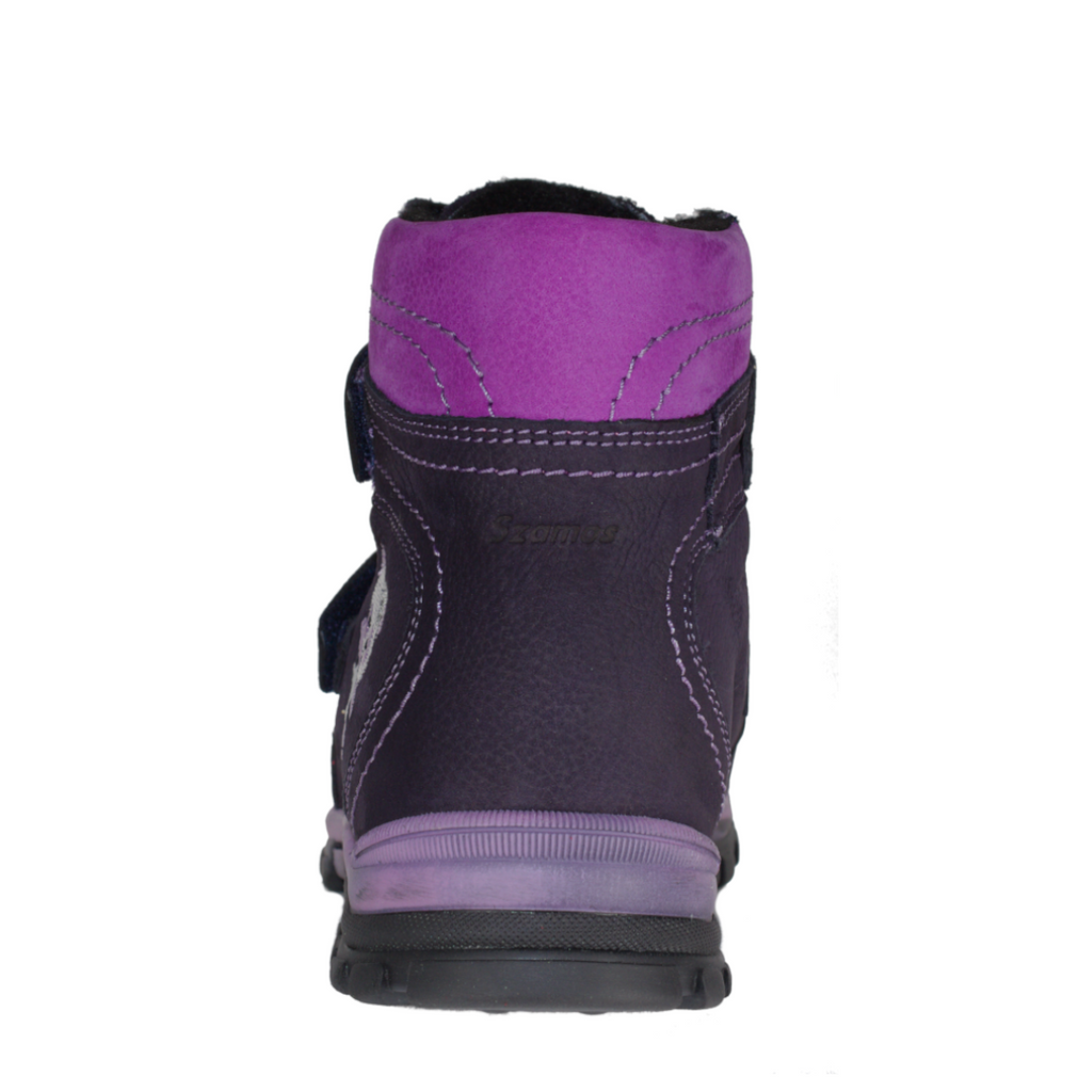 Szamos kid girl boots black and purple with grey bear pattern big kid size - TinyShoes