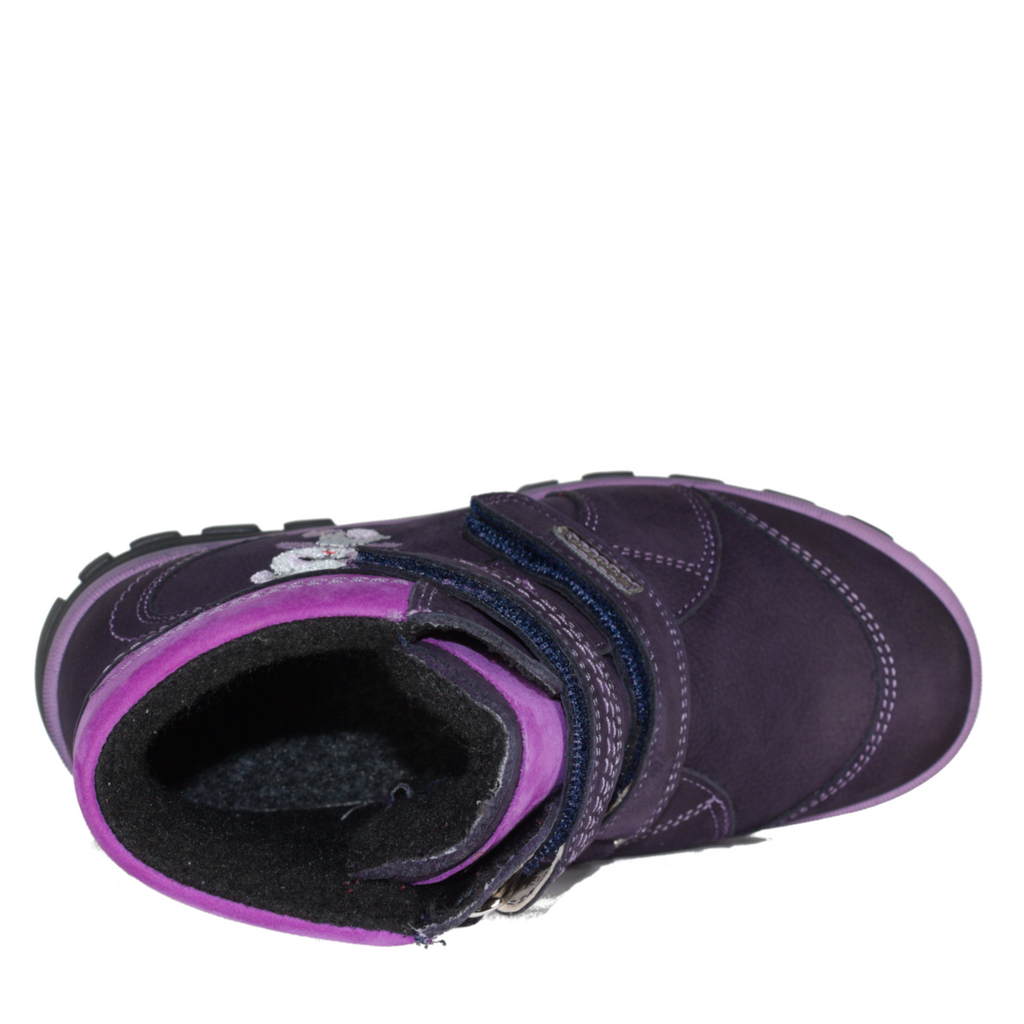 Szamos kid girl boots black and purple with grey bear pattern big kid size - TinyShoes