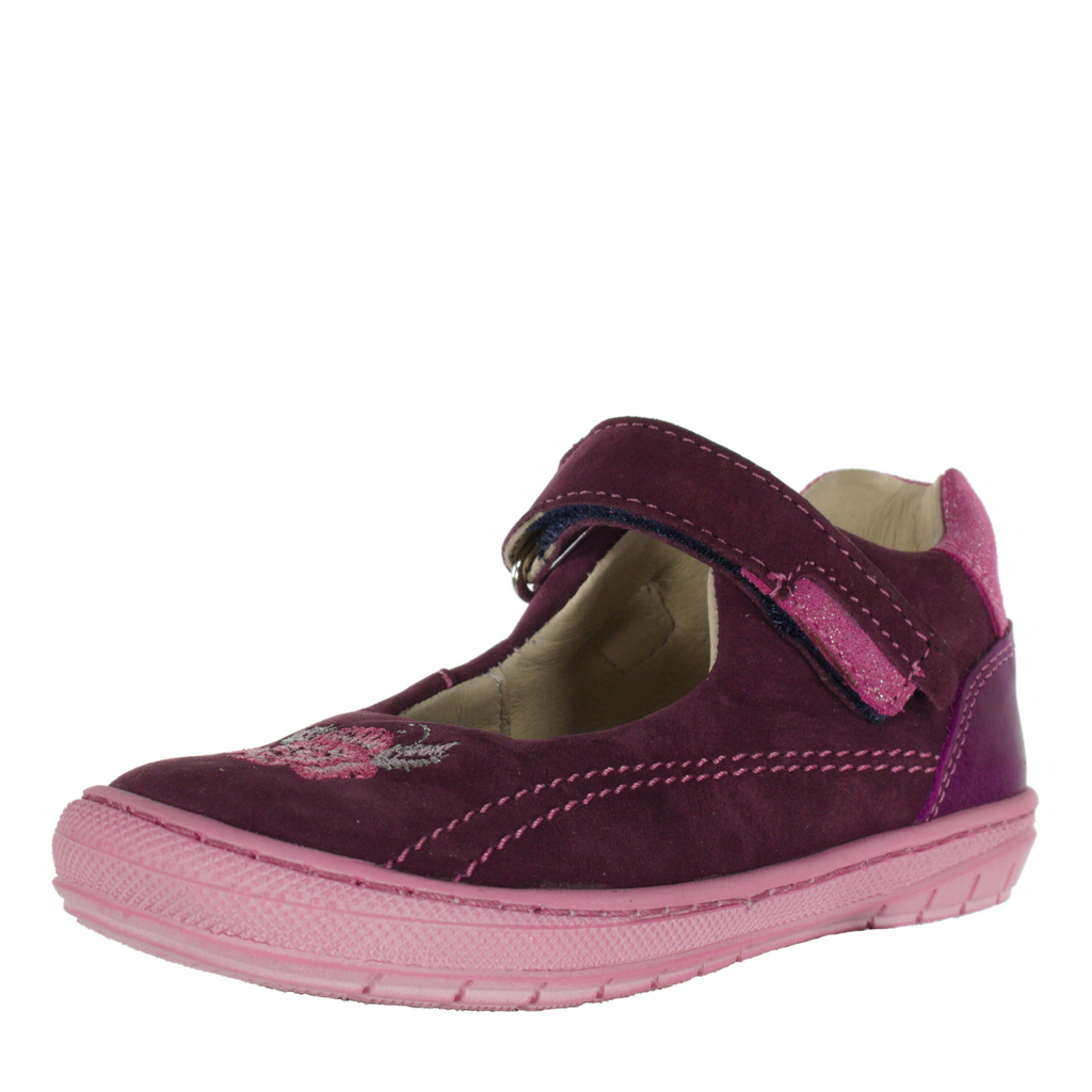 Szamos kid girl dress shoes in burgundy color and pink details with velcro strap little kid size - TinyShoes
