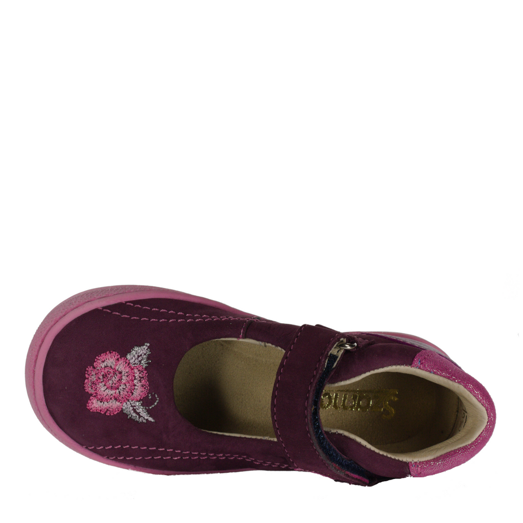 Szamos kid girl dress shoes in burgundy color and pink details with velcro strap little kid size - TinyShoes