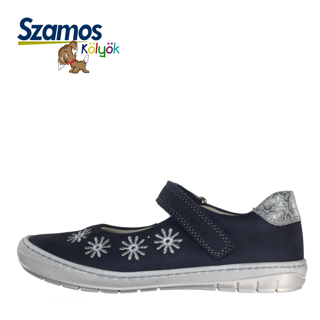 Szamos kid girl dress shoes in denim blue color and white flowers with velcro strap big kid size