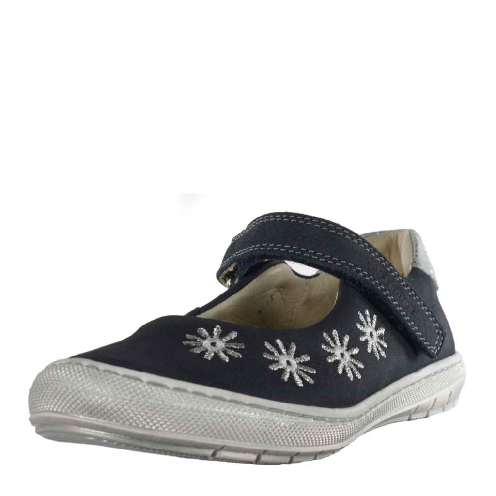 Szamos kid girl dress shoes in denim blue color and white flowers with velcro strap big kid size - TinyShoes
