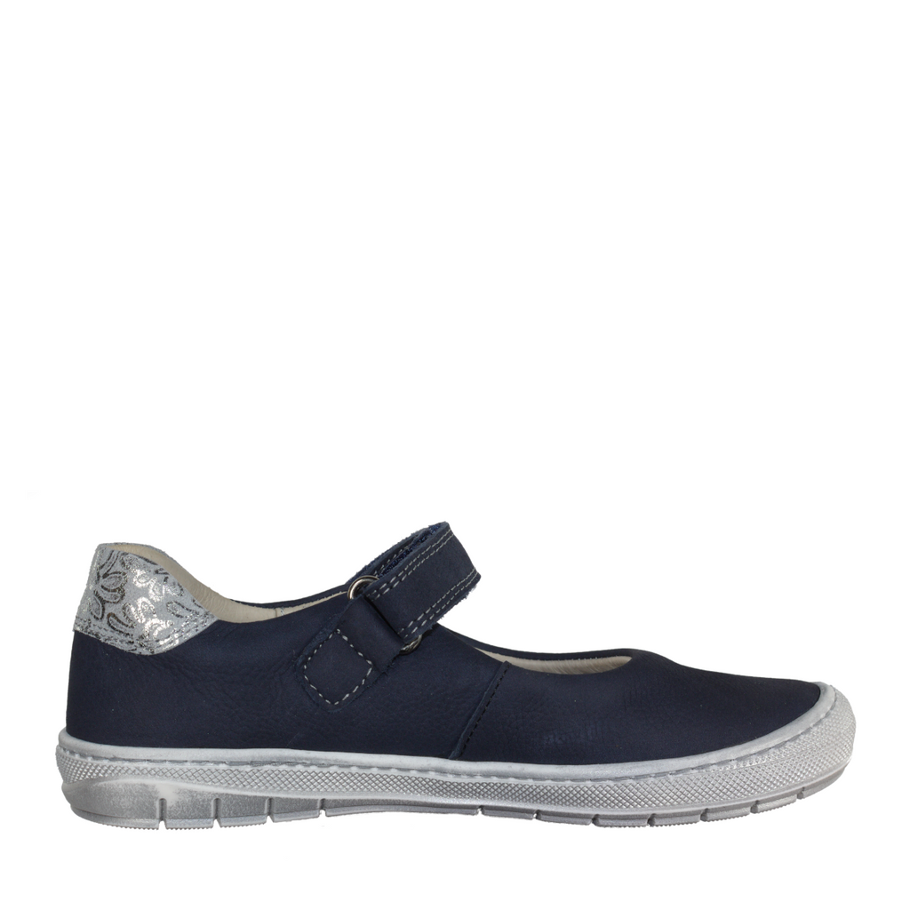 Szamos kid girl dress shoes in denim blue color and white flowers with velcro strap big kid size - TinyShoes