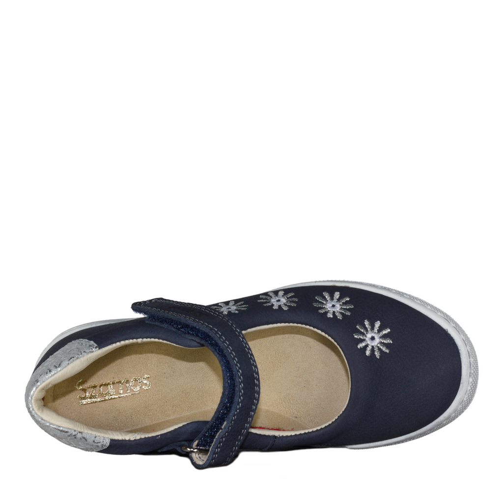 Szamos kid girl dress shoes in denim blue color and white flowers with velcro strap big kid size - TinyShoes