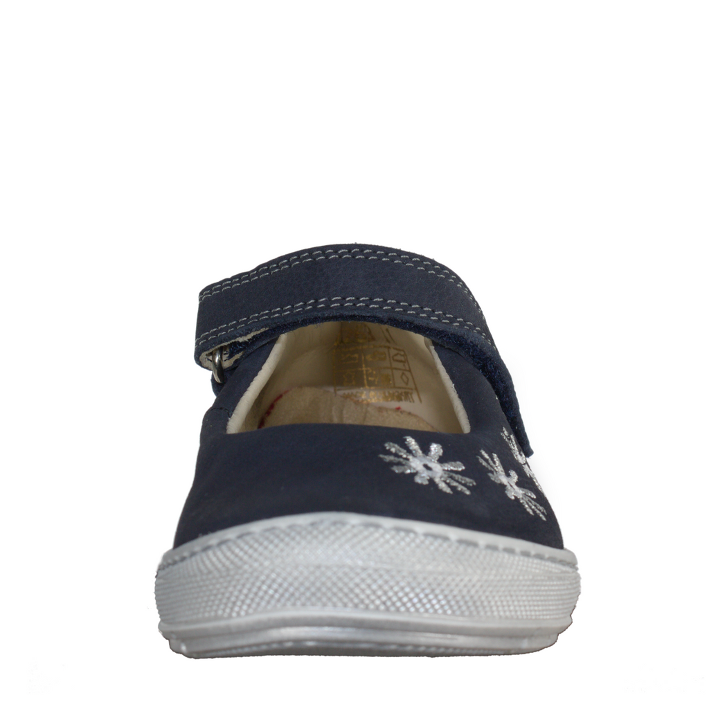 Szamos kid girl dress shoes in denim blue color and white flowers with velcro strap big kid size - TinyShoes