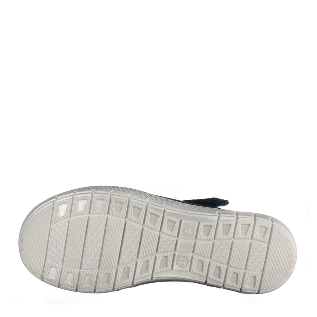 Szamos kid girl dress shoes in denim blue color and white flowers with velcro strap big kid size - TinyShoes