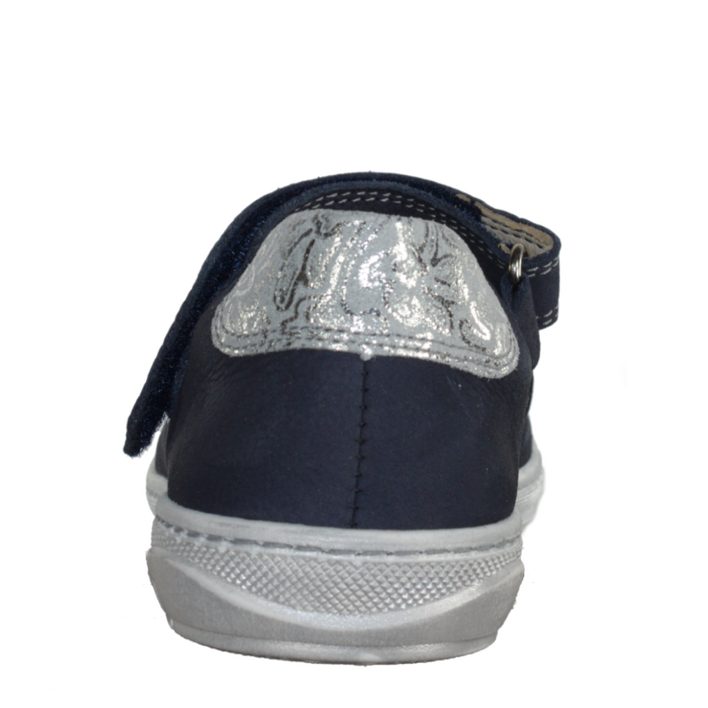 Szamos kid girl dress shoes in denim blue color and white flowers with velcro strap big kid size - TinyShoes