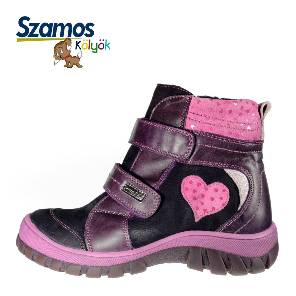 Premium quality insulated boots made from 100% genuine leather lining and upper, mauve with pink/purple heart decor. This Szamos Kids product meets the highest expectations of healthy and comfortable kids shoes. The exceptional comfort these shoes provide assure the well-being and happiness of your child.