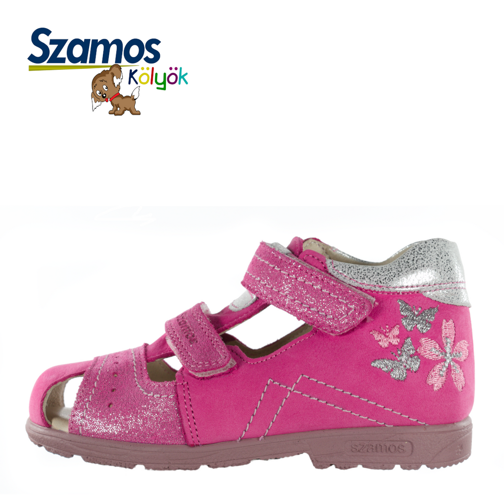 Szamos kid girl sandals in pink color and butterfly pattern with double velcro strap toddler/little kid size - TinyShoes