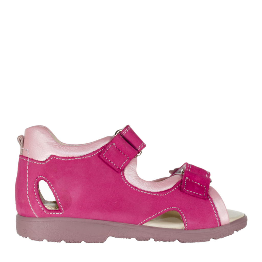 Szamos kid girl supinated sandals in pink color and fly pattern with double velcro strap toddler/little kid size - TinyShoes
