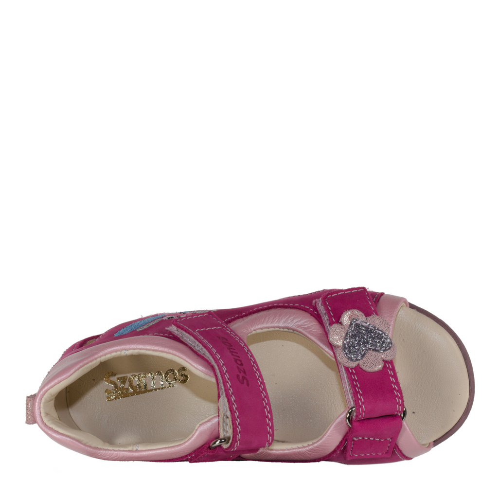 Szamos kid girl supinated sandals in pink color and fly pattern with double velcro strap toddler/little kid size - TinyShoes