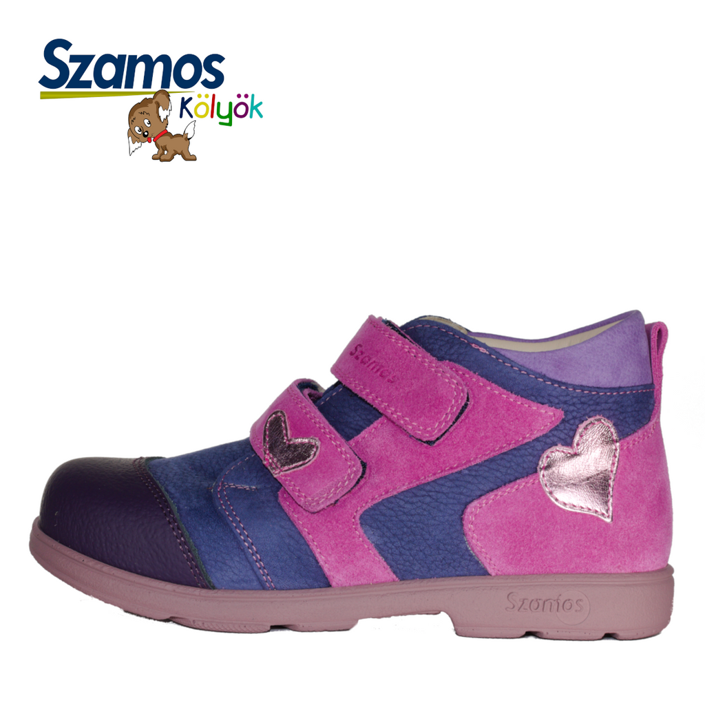 Szamos kid girl supinated sneakers purple with fuxia velcro straps and heart decor little kid big kid size